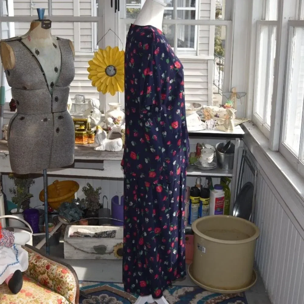 Vintage 90s LizSport Floral Rayon 2 Pc Skirt Set Navy Red Flowers Size M